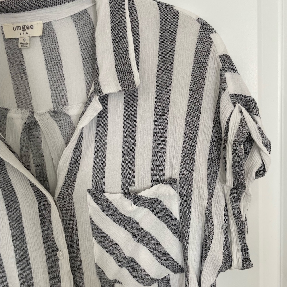 Umgee Striped, Button Down Top With Fringed Hem - image 4